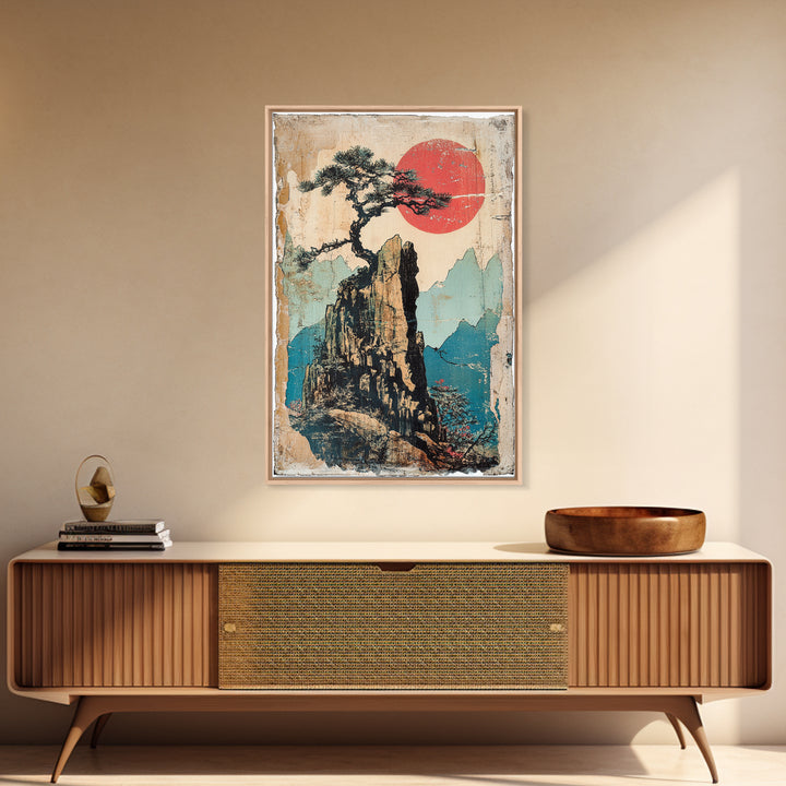 Lone Pine On Rocky Mountain Peak Canvas Print, Asian Landscape Wall Art, Japandi Decor, Nature Wall Decor, Zen Home Gift