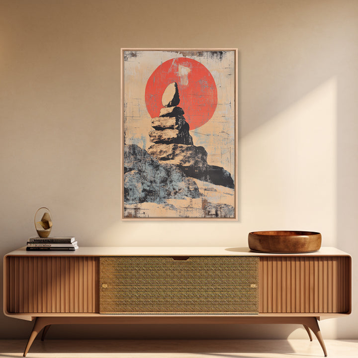 Balanced Zen Stones Before Red Sun Wall Art, Wabi Sabi Decor, Meditation Room Print, Minimalist Japanese Home Decor Gift