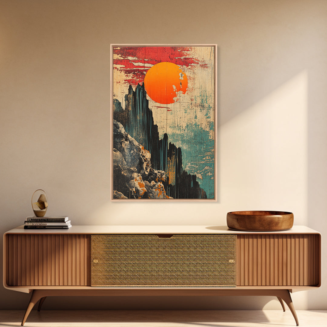 Dramatic Japanese Mountain Sun Canvas Print, Abstract Landscape Art, Modern Wall Decor, Japandi Wall Art, Living Room Decor