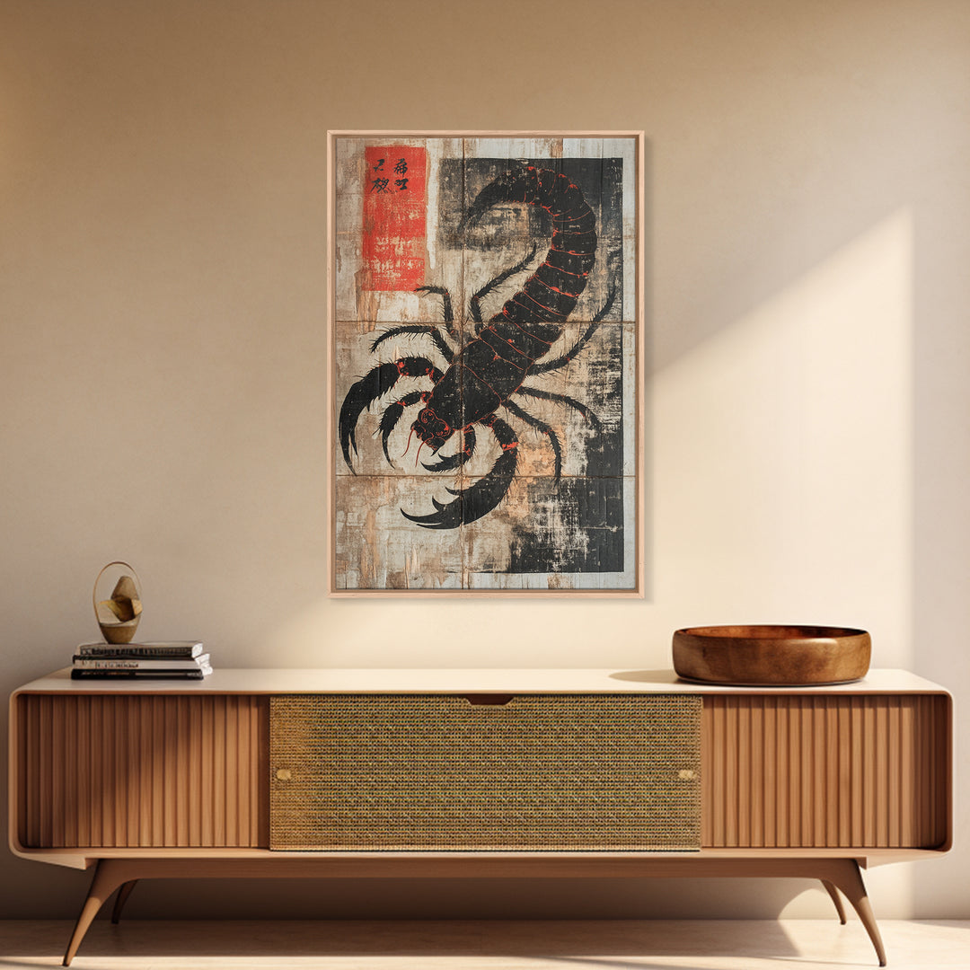 Black Scorpion Japanese Framed Canvas Print, Gothic Wall Art, Dark Academia Decor, Animal Art Print, Unique Gift For Him