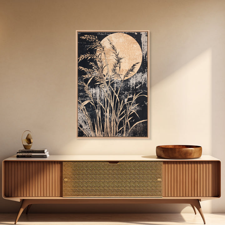 Moonlit Pampas Grass Canvas Print, Botanical Wall Art, Black And White Art, Neutral Wall Decor, Japandi Decor, Bedroom Art
