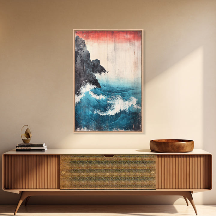 Dramatic Blue Wave And Cliff Canvas Print, Japanese Seascape Wall Decor, Coastal Ocean Art For Living Room Decor, Beach House Gift