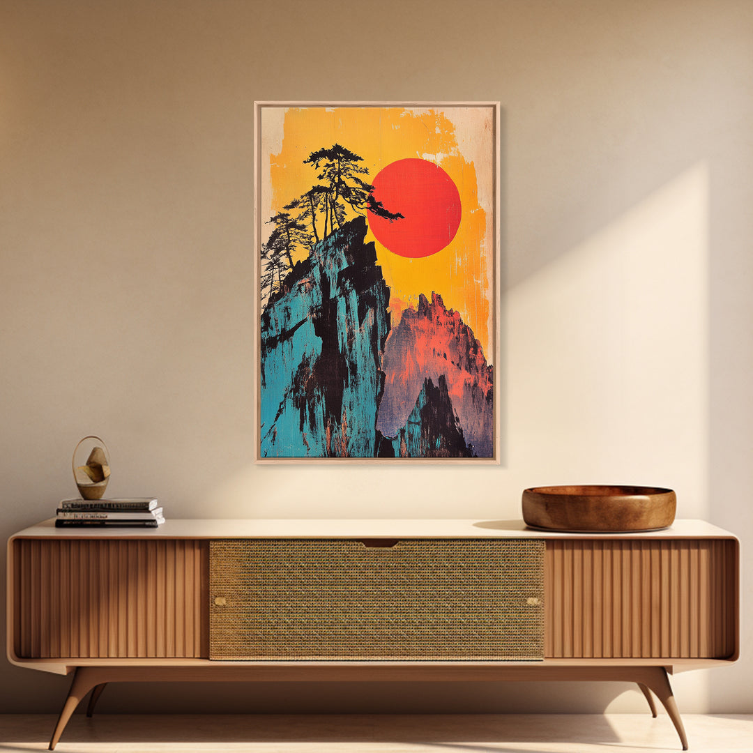 Bold Red Sun Mountain Cliff Wall Art, Japanese Landscape Print, Retro Travel Poster, Statement Living Room Decor Gift For Him