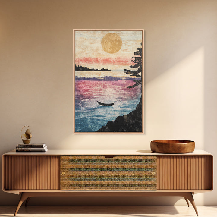 Golden Sunset Canoe On Quiet Lake Wall Art, Japandi Landscape Print, Coastal Cabin Decor, Serene Living Room Canvas Home Decor