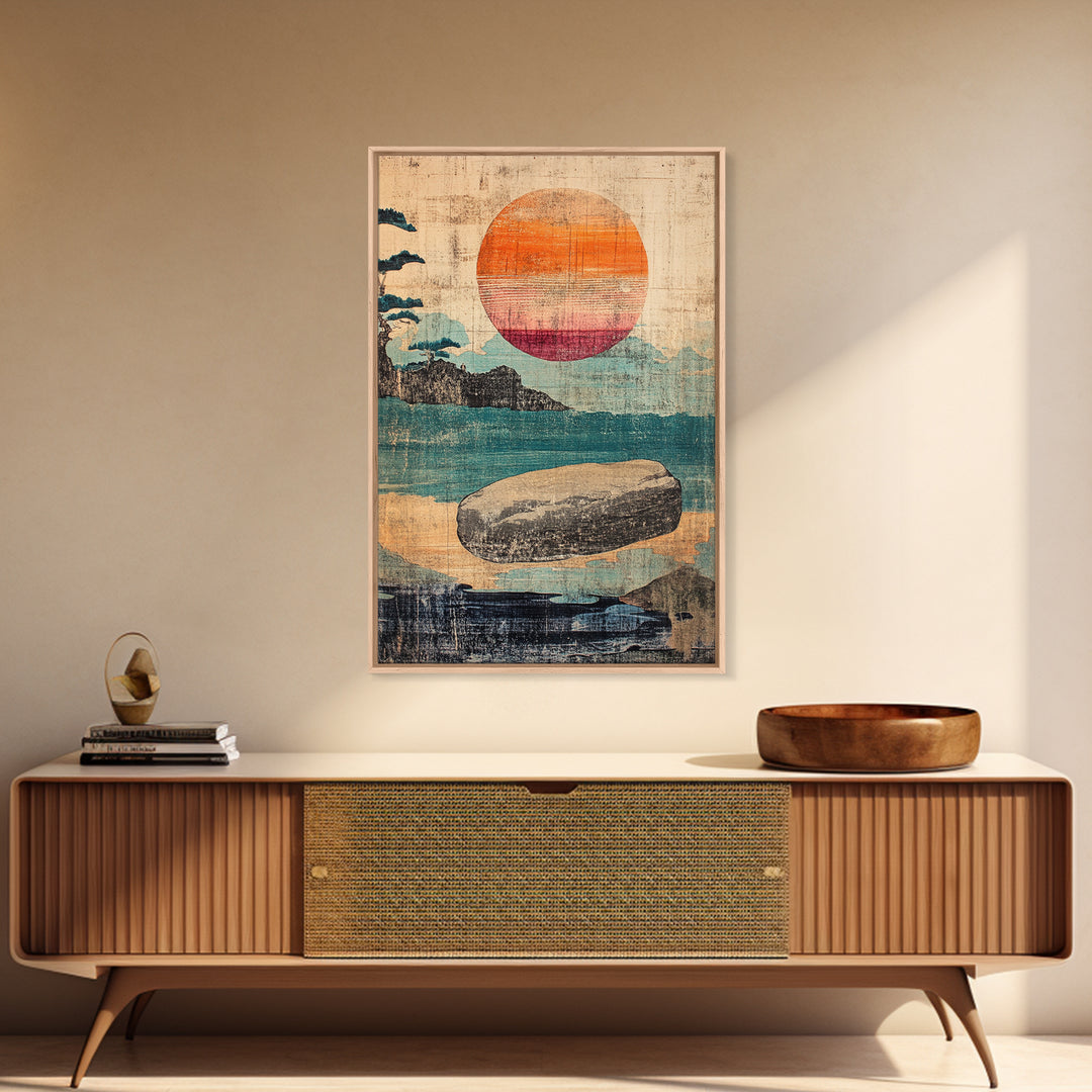 Floating Stone Over Teal Water At Sunset Canvas Print, Japandi Zen Wall Art, Minimalist Coastal Decor, Meditation Room Art