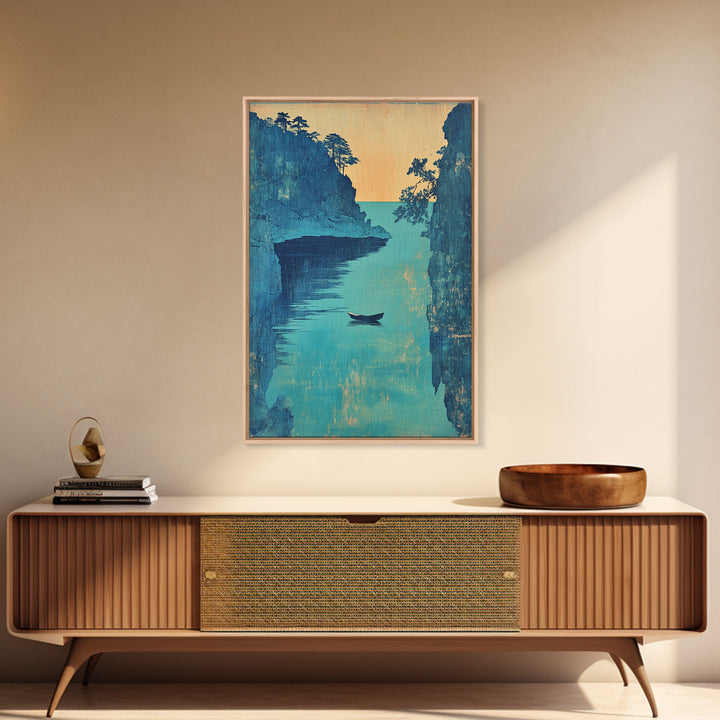 Blue Coastal Canyon Boat Wall Art, Japanese Seascape Print, Nautical Home Decor, Serene Ocean Landscape Living Room Art Print