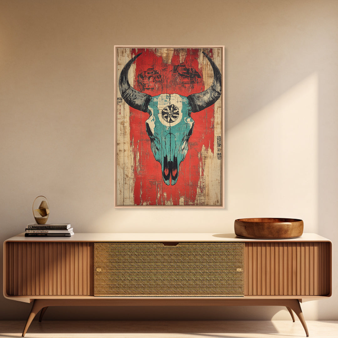 Turquoise Bull Skull On Red Rustic Wood Wall Art, Western Wall Decor, Southwestern Canvas, Tribal Home Decor For Living Room