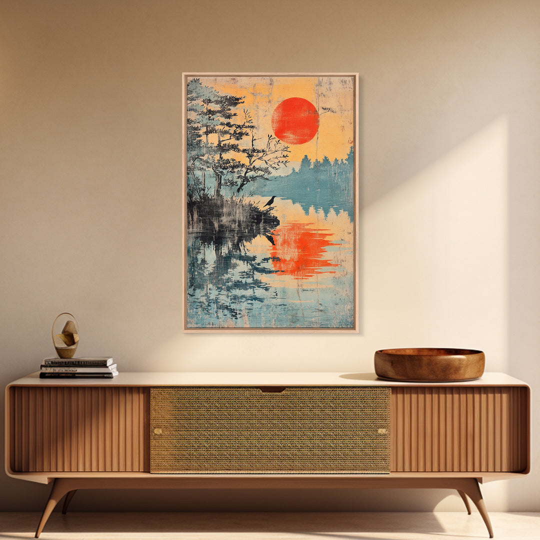 Red Sun Over Pine Lake Reflection Wall Art, Japanese Wall Decor, Japandi Landscape Print, Serene Nature Canvas For Living Room