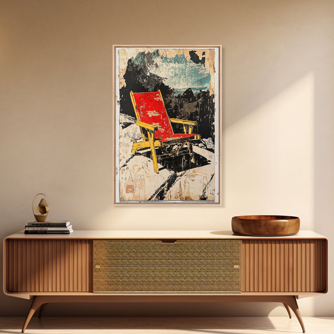 Red Beach Chair On Rocky Coast Wall Art, Coastal Wall Decor, Modern Travel Poster, Summer Beach House Canvas Print For Living Room Decor
