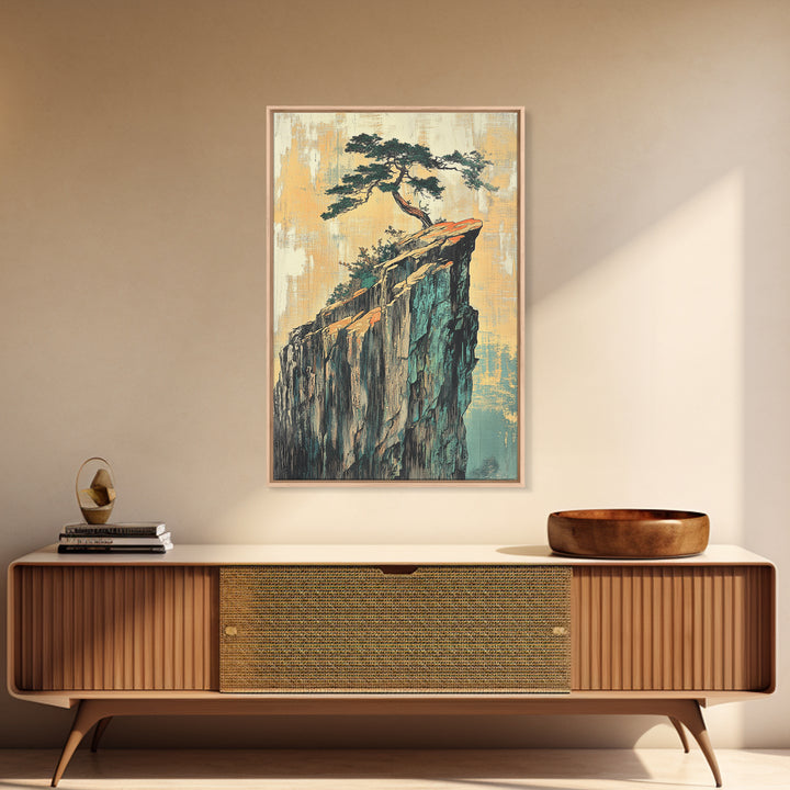 Lone Pine Tree On Sheer Cliff Wall Art, Japandi Landscape, Japanese Wall Decor, Serene Nature Canvas Print For Living Room
