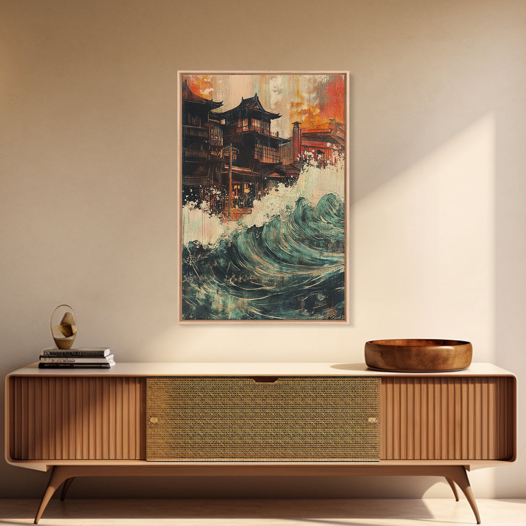 Japanese Pagoda Village With Crashing Wave Wall Art, Coastal Wall Decor, Asian Inspired Art, Dramatic Canvas Print For Living Room