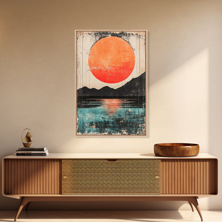 Giant Orange Sun Over Mountain Lake Wall Art, Japanese Wall Decor, Modern Landscape, Teal Canvas Print For Living Room Decor