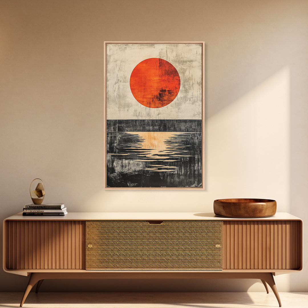 Minimal Red Sun Over Black Horizon Wall Art, Abstract Landscape Print, Japandi Wall Decor, Modern Canvas For Living Room