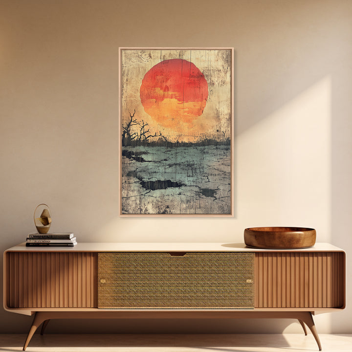 Large Orange Sun Over Barren Wetland Wall Art, Abstract Landscape, Moody Nature Print, Rustic Canvas For Living Room Decor