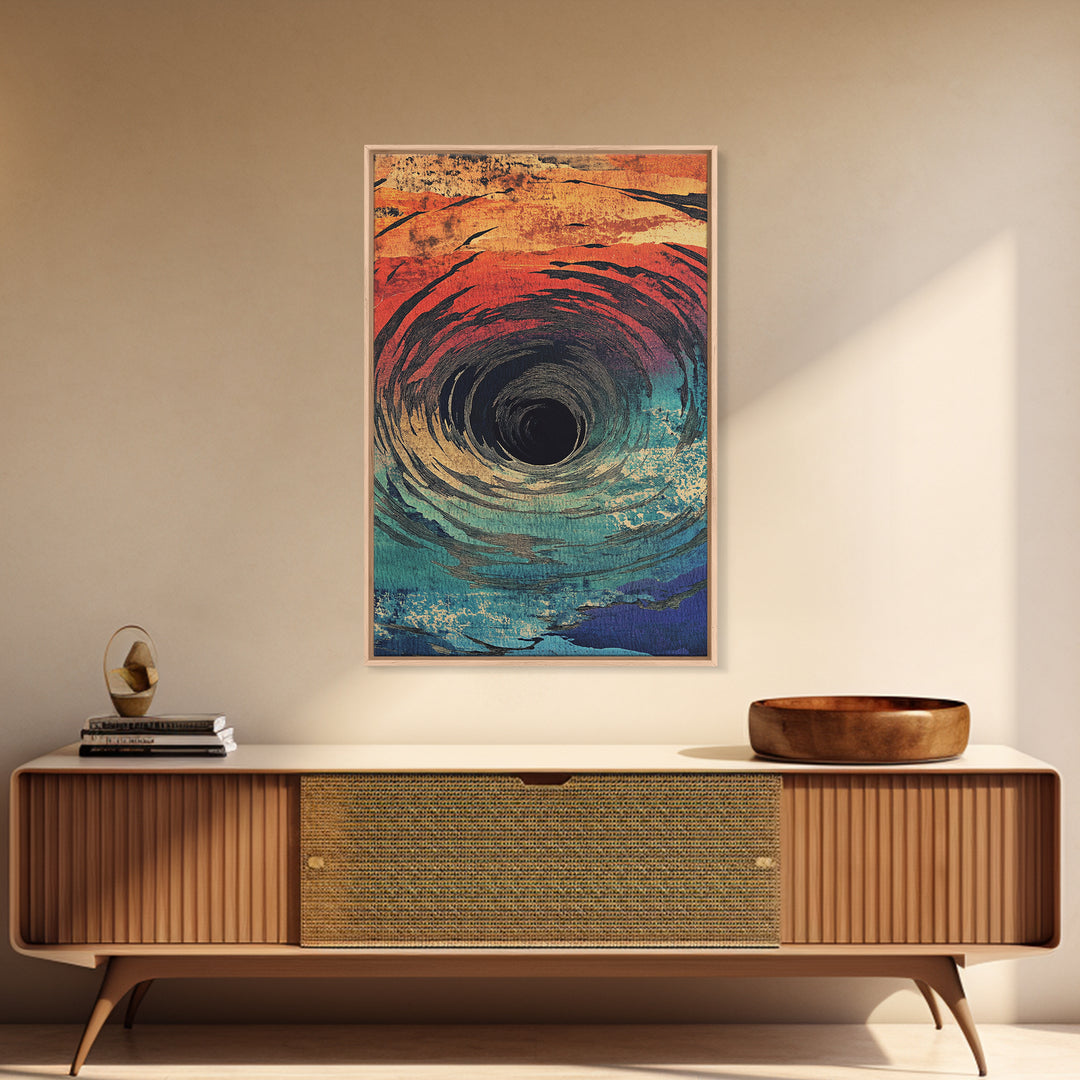 Abstract Ocean Vortex Wall Art, Teal Orange Whirlpool Print, Surreal Coastal Decor, Modern Statement Framed Canvas Print