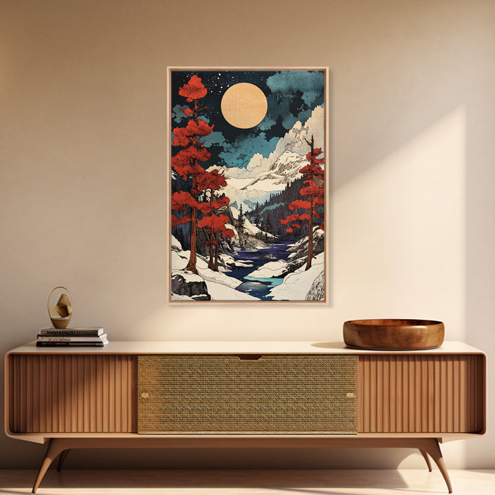 Full Moon Snowy Mountain Wall Art, Red Pine Japanese Landscape Canvas Print, Winter Forest Decor For Cabin Living Room Gift