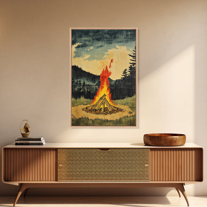 Forest Campfire At Dusk Wall Art, Rustic Cabin Landscape Canvas Print, Cozy Nature Decor For Man Cave Living Room Home Decor