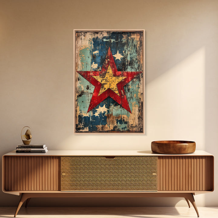 Weathered Red Star Wall Art, Rustic Americana Wood Panel Canvas Print, Patriotic Farmhouse Decor For Living Room Home Decor