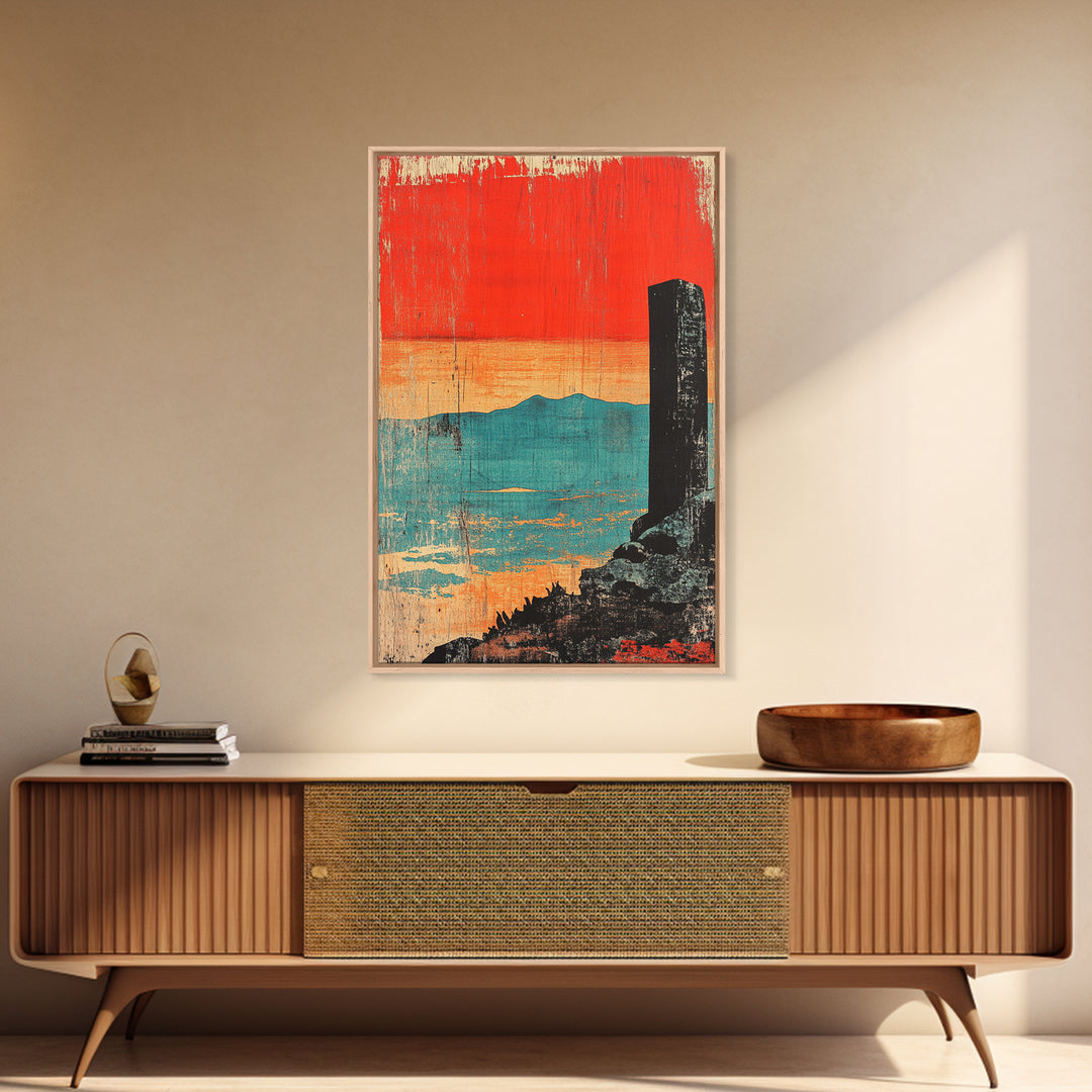 Orange Sunset Over Turquoise Sea Wall Art, Minimal Japanese Landscape Print, Coastal Zen Decor, Modern Living Room Art, Gift