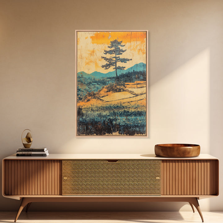 Lone Pine Above Terraced Fields Wall Art, Japanese Mountain Landscape Print, Rustic Nature Decor, Serene Farmhouse Art, Gift