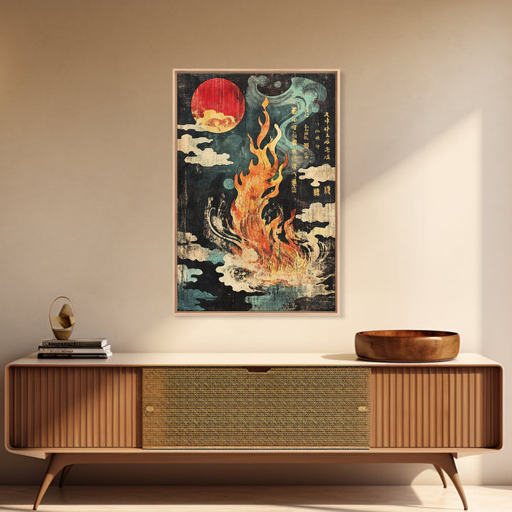 Mystic Fire Under Red Moon Canvas Print, Japanese Folklore Wall Art, Celestial Fantasy Decor, Dark Zen Statement Print, Gift