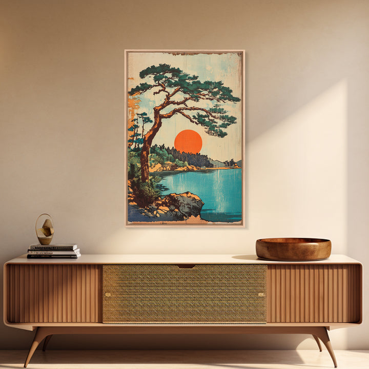 Lakeside Pine At Orange Sun Framed Canvas Print, Japanese Landscape Wall Art, Coastal Cabin Decor, Serene Nature Home Decor