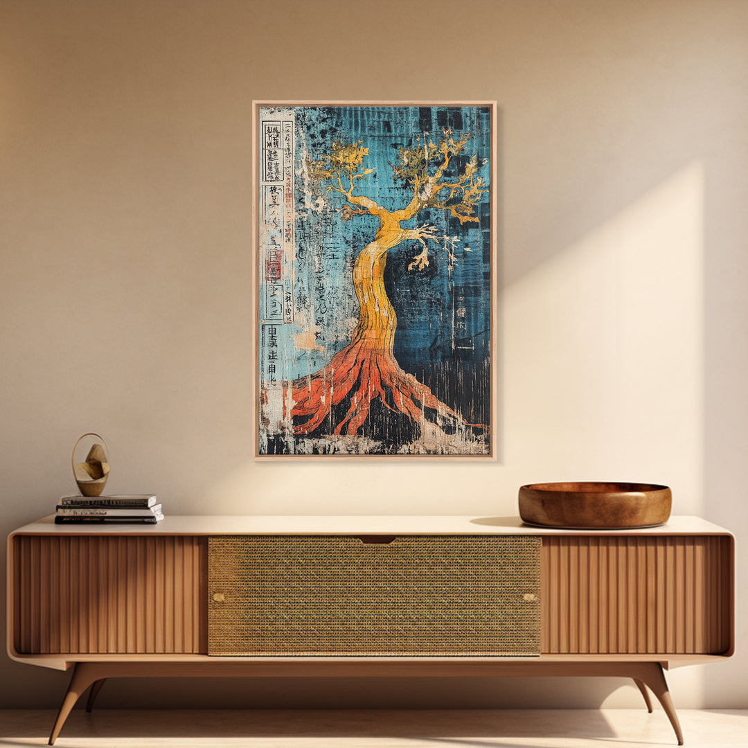 Golden Tree With Red Roots On Blue Canvas Print, Japanese Botanical Wall Art, Abstract Nature Decor, Organic Modern Home Decor