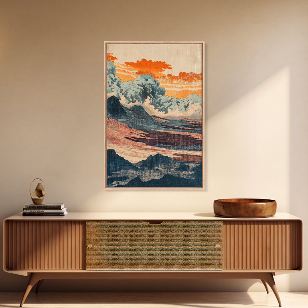 Orange Clouds Over Abstract Sea And Hills Wall Art, Japanese Landscape Print, Mid Century Modern Decor, Boho Living Room Art