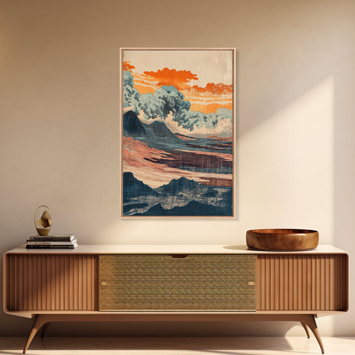 Orange Clouds Over Abstract Sea And Hills Wall Art, Japanese Landscape Print, Mid Century Modern Decor, Boho Living Room Art
