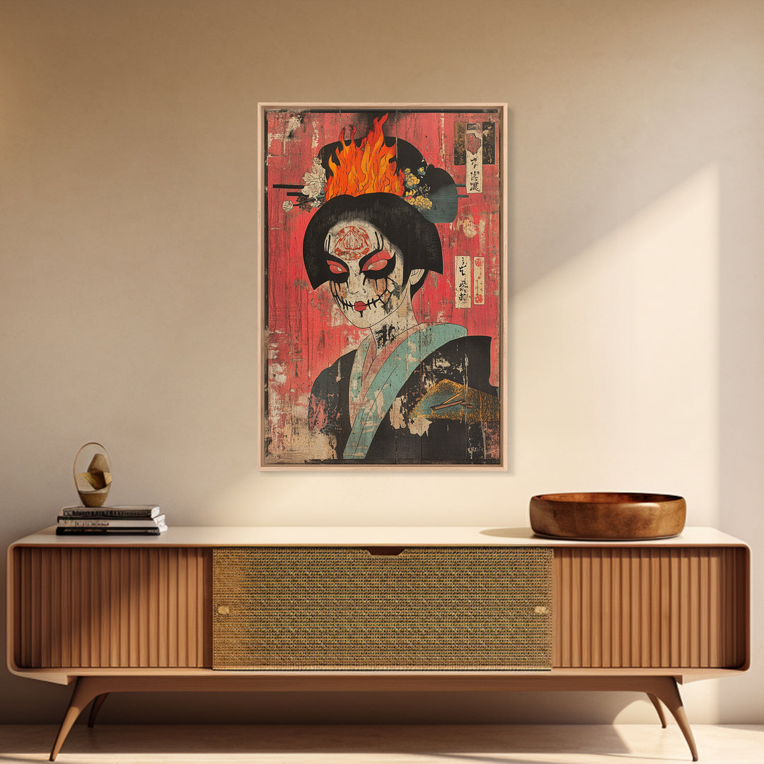 Gothic Geisha Skull With Flaming Headdress Canvas Print, Japanese Dark Wall Art, Surreal Portrait Decor, Moody Maximalist Art