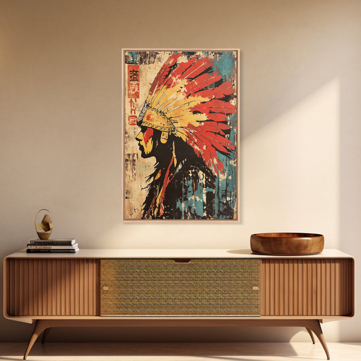 Indigenous Warrior Headdress Canvas Print, Tribal Wall Art, Southwestern Decor, Cultural Art Print, Bold Western Home Decor