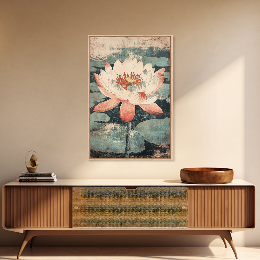 Pink Lotus Flower Botanical Wall Art, Japanese Canvas Print, Water Lily Pond Decor, Japandi Nature Art For Bedroom Decor