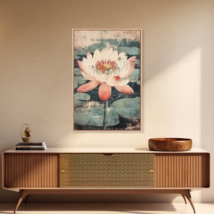 Pink Lotus Flower Botanical Wall Art, Japanese Canvas Print, Water Lily Pond Decor, Japandi Nature Art For Bedroom Decor