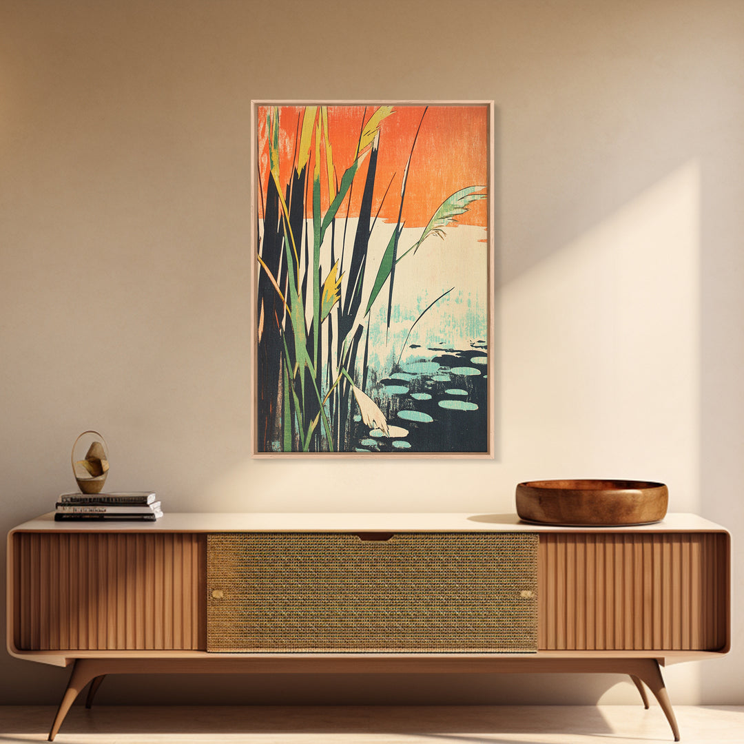 Tall Reeds Orange Sunset Canvas Print, Botanical Wall Art, Japanese Pond Landscape, Nature Decor, Serene Japandi Art Print