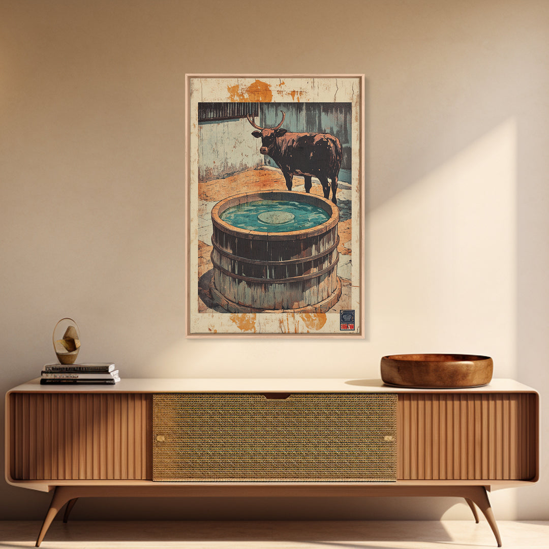 Longhorn Bull Water Trough Canvas Print, Western Wall Art, Rustic Farmhouse Decor, Ranch Animal Art, Country Wall Decor