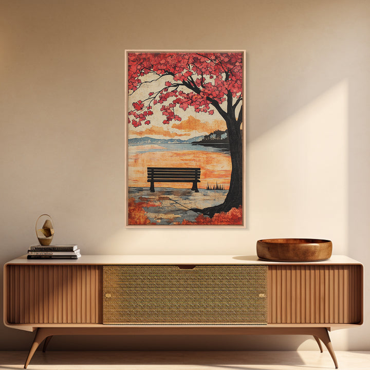 Red Maple Tree Bench By Quiet Lake Wall Art, Japanese Garden Print, Autumn Sunset Decor, Serene Living Room Wall Decor, Housewarming Gift