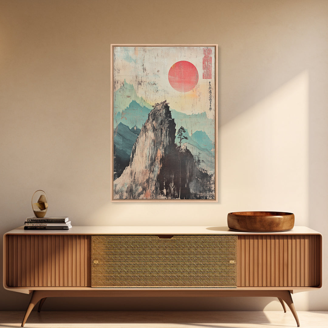 Misty Mountain Peak With Red Sun Wall Art, Japanese Landscape Print, Zen Home Decor, Calm Office Decor, Nature Wall Art Print