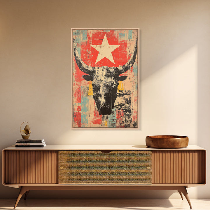 Longhorn Skull With White Star Canvas Print, Western Wall Art, Southwestern Decor, Rustic Ranch Art, Bold Living Room Decor