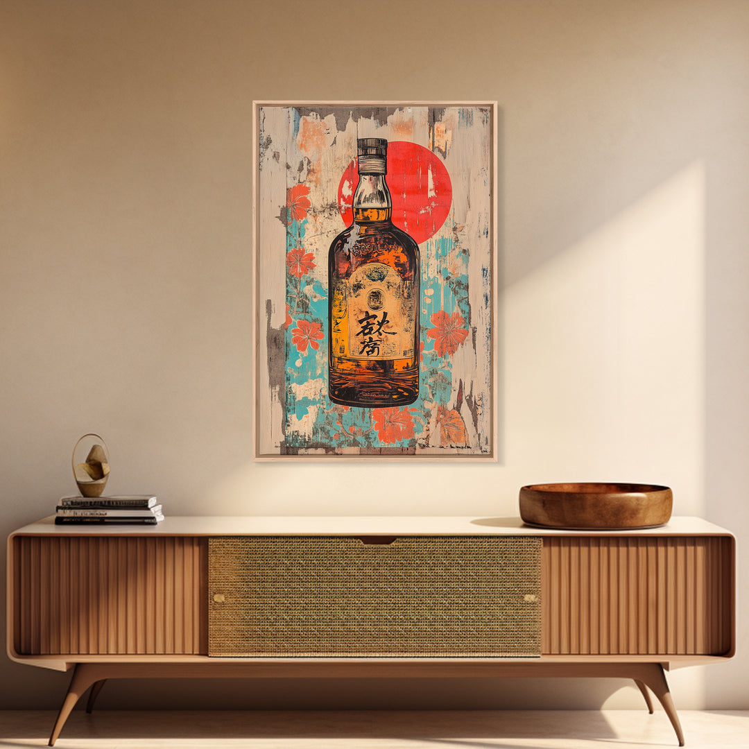 Japanese Whisky Bottle With Red Sun Canvas Print, Retro Bar Art, Floral Kitchen Decor, Home Bar Wall Decor, Gift For Him