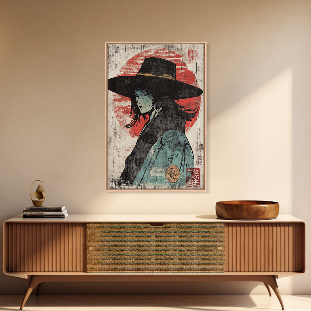 Mysterious Woman In Wide Black Hat Wall Art, Japanese Portrait Print, Anime Style Decor, Moody Wall Decor, Gift For Her, Home Decor