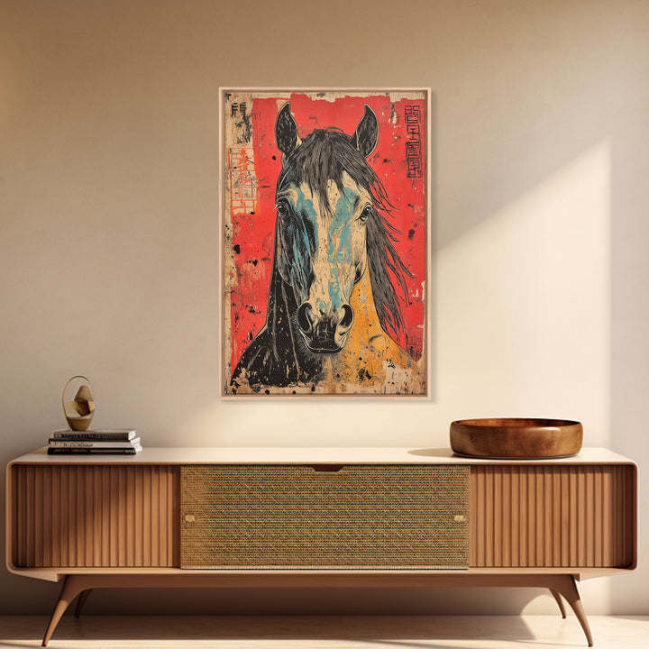 Expressive Horse Portrait On Red Canvas Print, Western Equestrian Wall Art, Rustic Ranch Decor, Horse Lover Gift, Living Room Decor