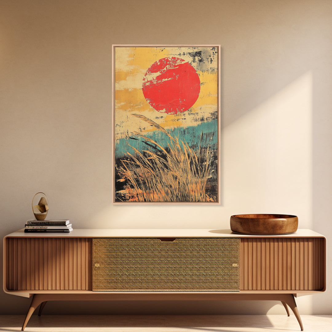 Red Sun Over Golden Reeds Canvas Print, Japanese Landscape Poster, Japandi Wall Decor, Boho Asian Inspired Home Decor, Art Print