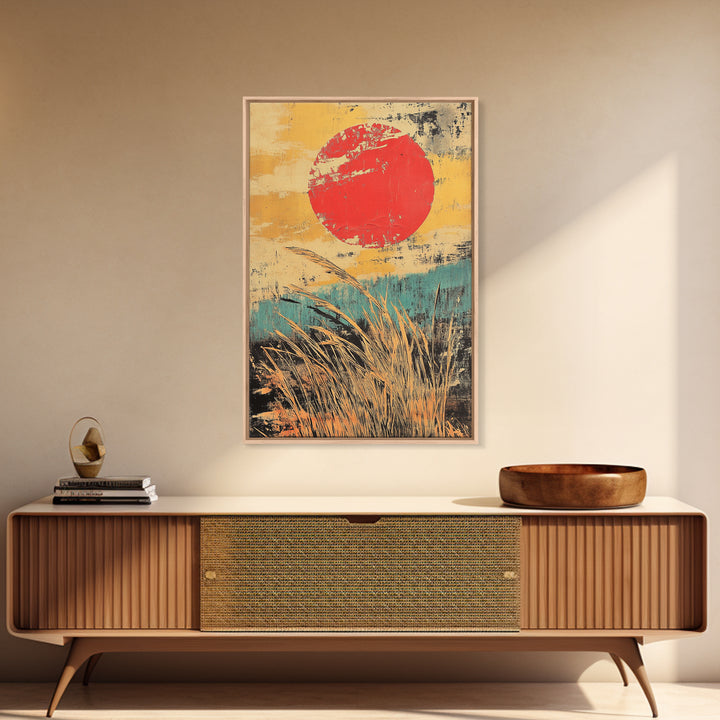 Red Sun Over Golden Reeds Canvas Print, Japanese Landscape Poster, Japandi Wall Decor, Boho Asian Inspired Home Decor, Art Print