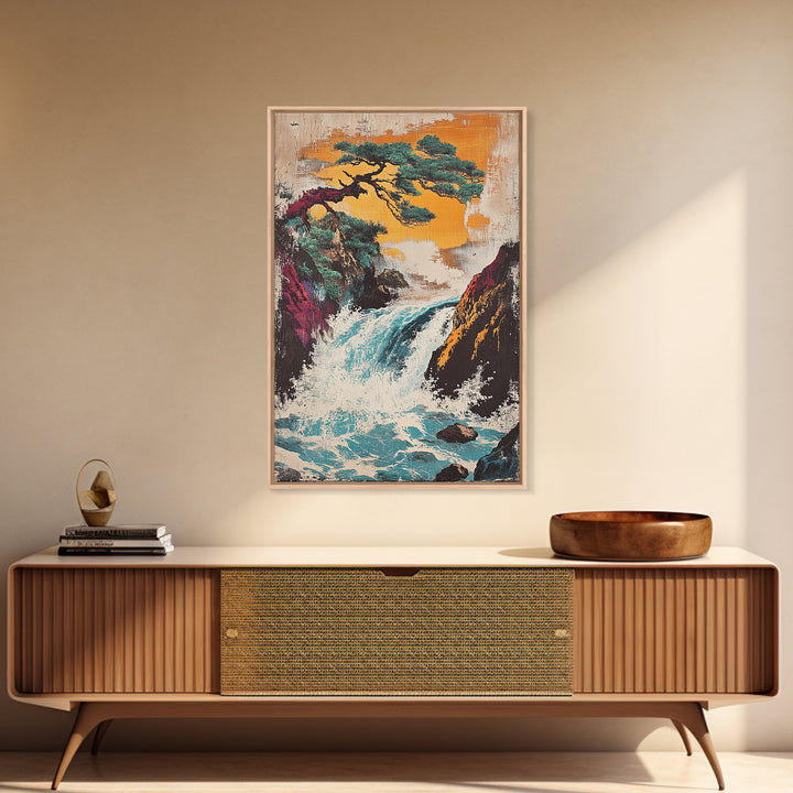 Pine Tree Waterfall Mountain Framed Canvas Print, Japanese Landscape Art, Nature Wall Decor, Serene Asian Home Decor, Living Room Art