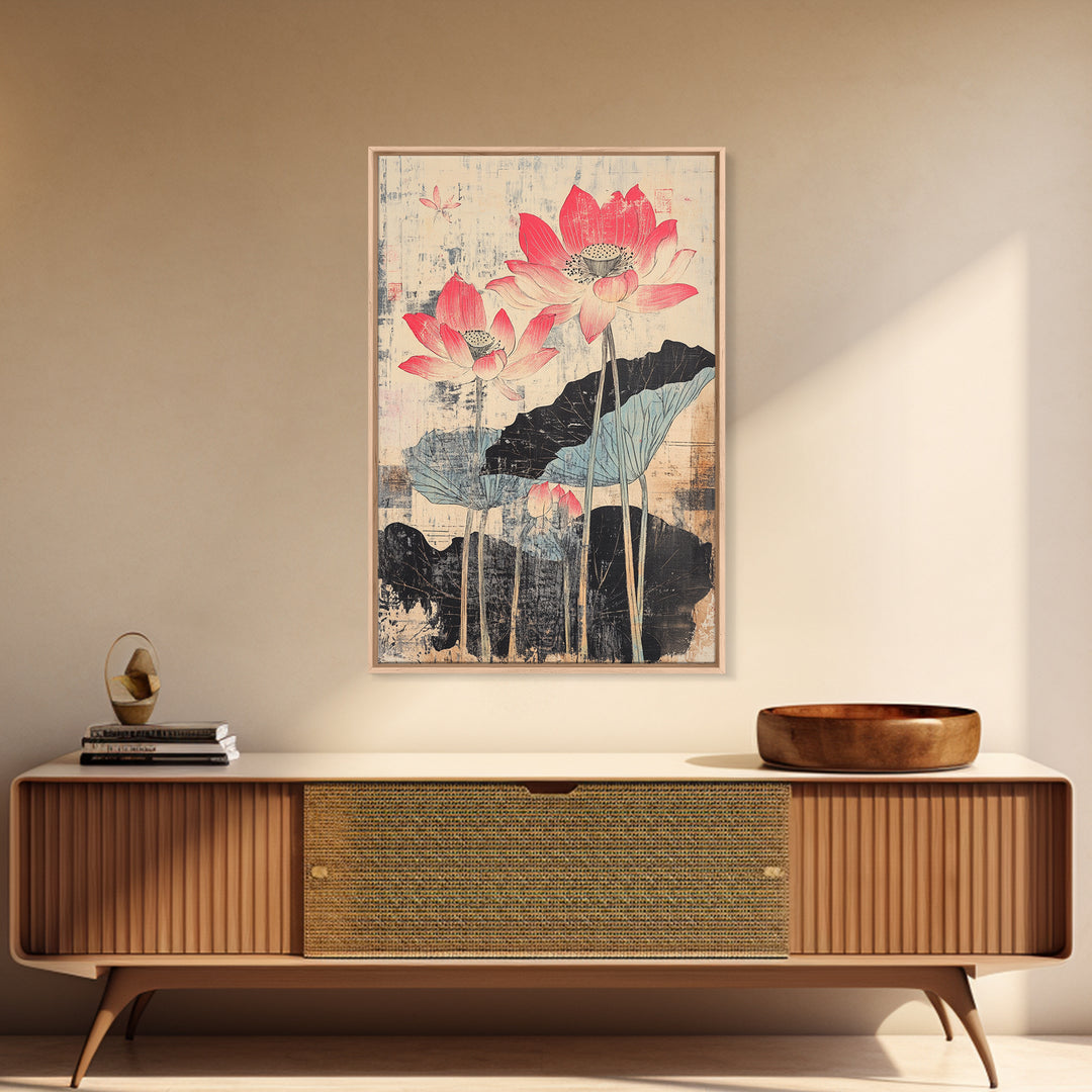 Pink Lotus Flowers With Ink Leaves Wall Art, Botanical Japanese Print, Asian Inspired Decor, Feminine Bedroom Wall Decor