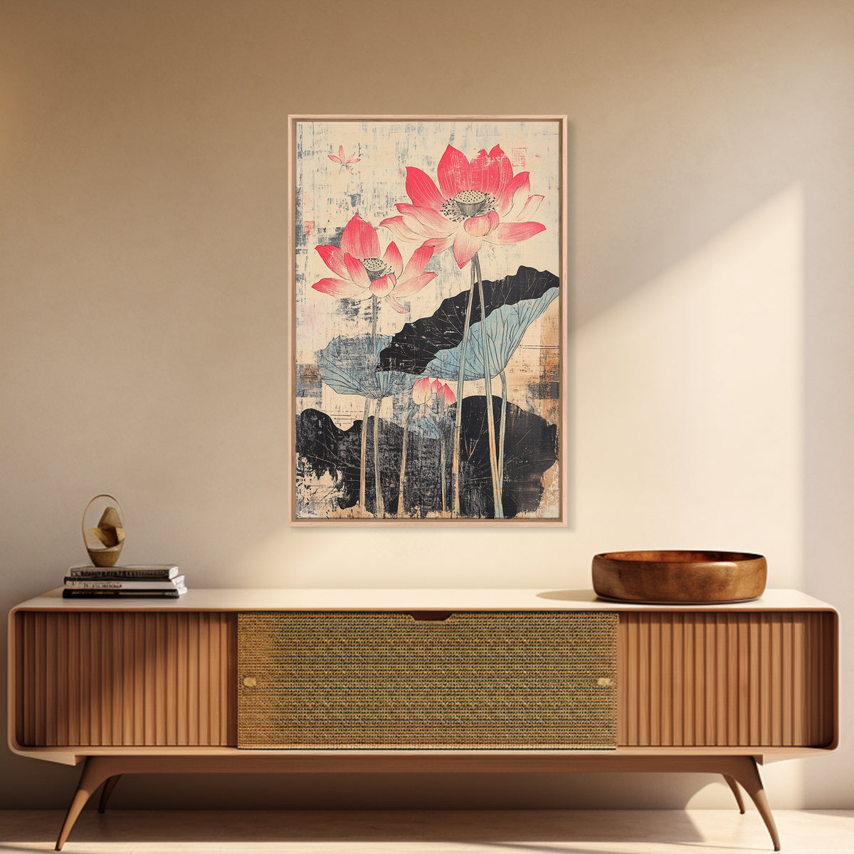 Pink Lotus Flowers With Ink Leaves Wall Art, Botanical Japanese Print, Asian Inspired Decor, Feminine Bedroom Wall Decor