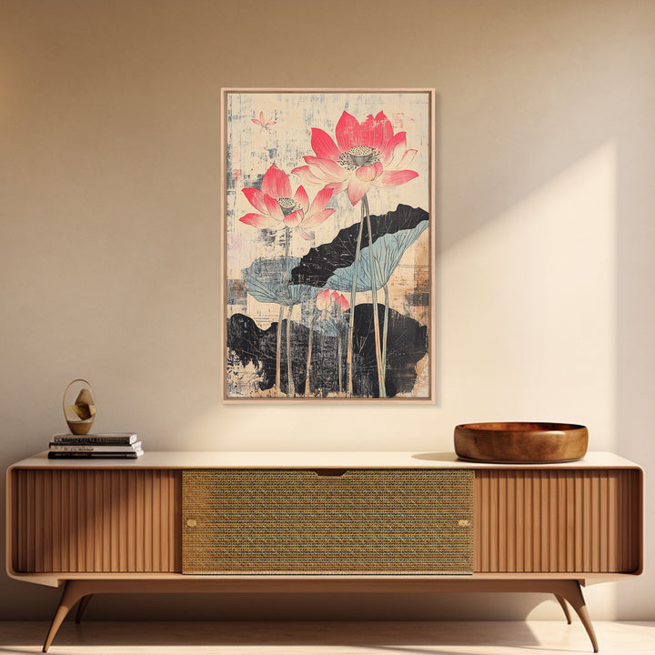 Pink Lotus Flowers With Ink Leaves Wall Art, Botanical Japanese Print, Asian Inspired Decor, Feminine Bedroom Wall Decor