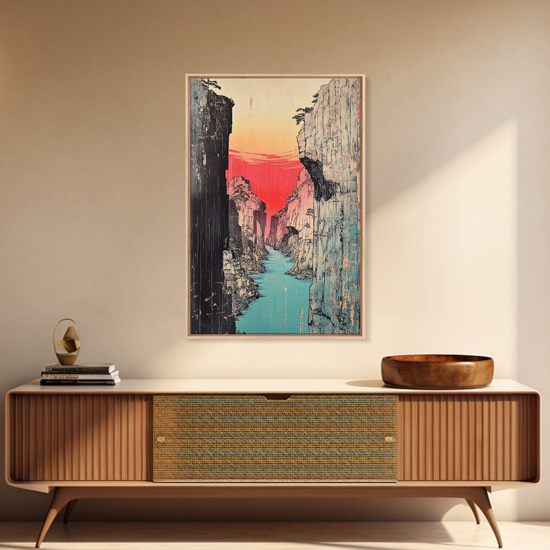 Red Sunset Canyon River Canvas Print, Japanese Gorge Landscape, Dramatic Nature Wall Decor, Asian Inspired Office Art, Home Decor