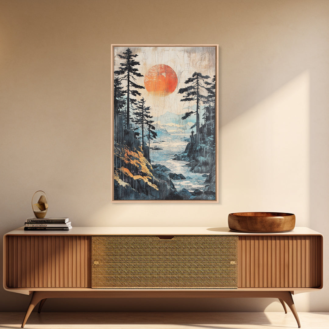Red Sun Forest River Wall Art, Japanese Mountain Landscape Print, Nature Wall Decor, Large Framed Canvas Print For Living Room Decor