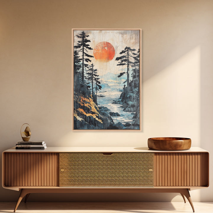 Red Sun Forest River Wall Art, Japanese Mountain Landscape Print, Nature Wall Decor, Large Framed Canvas Print For Living Room Decor